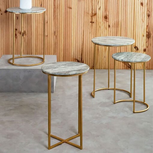 White Marble And Gold Metal Round Side Table End Table