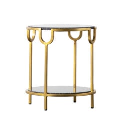 Willa Art Deco Black Granite And Gold Brass Metal 2 Tier Side End Table