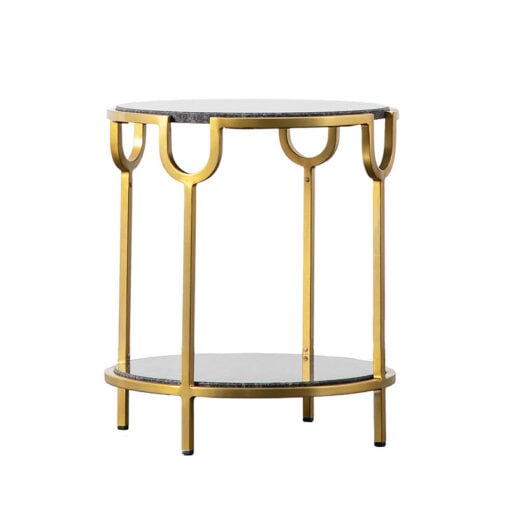 Willa Art Deco Black Granite And Gold Brass Metal 2 Tier Side End Table