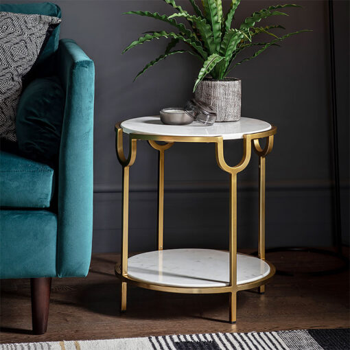 Willa Art Deco White Marble And Gold Brass Metal 2 Tier Side End Table