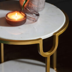 Willa Art Deco White Marble And Gold Brass Metal 2 Tier Side End Table