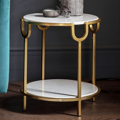 Willa Art Deco White Marble And Gold Brass Metal 2 Tier Side End Table