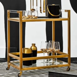 Zuri Art Deco Matte Gold Metal And Clear Glass 2 Tier Drinks Trolley