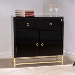 1 Drawer 2 Door Black Mirrored Glass And Gold Metal Chest Sideboard Cabinet