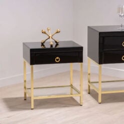 1 Drawer Black Mirrored Glass And Gold Metal Side Table Bedside Cabinet