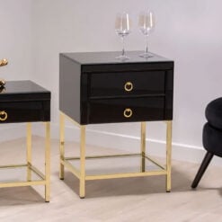 2 Drawer Black Mirrored Glass And Gold Metal Side Table Bedside Cabinet