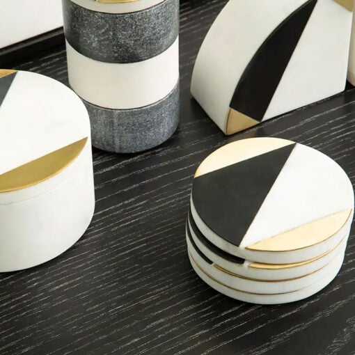 Set Of 4 Art Deco Round Black, White And Gold Marble Coasters