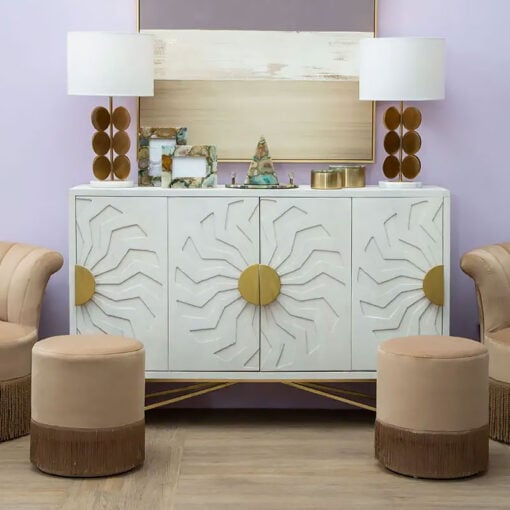 Art Deco Boho Whitewash Mango Wood And Gold Brass Metal Large Sideboard