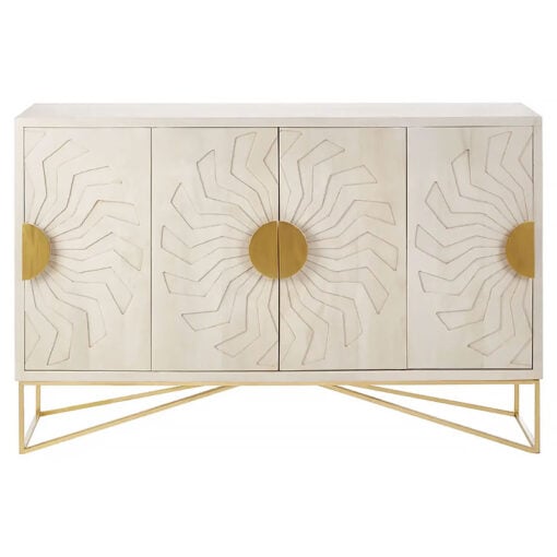 Art Deco Boho Whitewash Mango Wood And Gold Brass Metal Large Sideboard