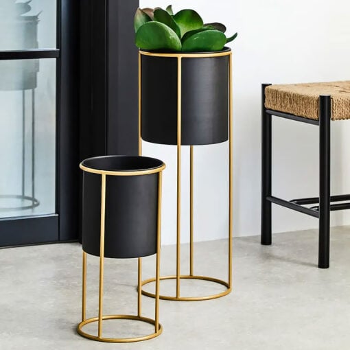 Art Deco Black And Gold Metal Large Floor Standing Planter 23cm Diameter