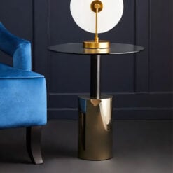 Art Deco Black And Gold Metal Round Side Table With Clear Glass Top