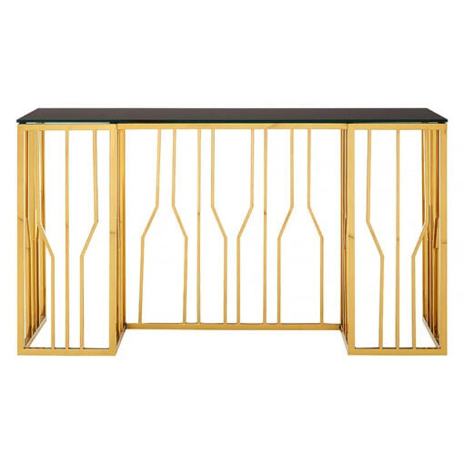 Art Deco Black Glass And Gold Metal Large Console Table Dressing Table