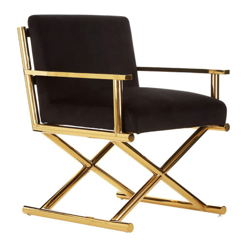 Art Deco Black Velvet And Gold Metal Directors Accent Chair Armchair