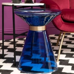 Art Deco Blue Glass and Gold Metal End Side Table