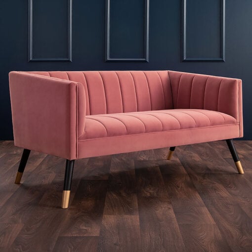 Art Deco Blush Pink 2 Seater Sofa With Gold And Black Metal Legs