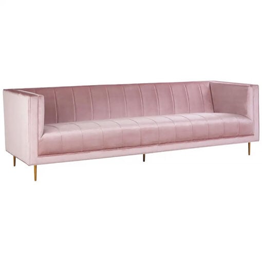 Art Deco Blush Pink Velvet And Gold Metal 3 Seater Sofa