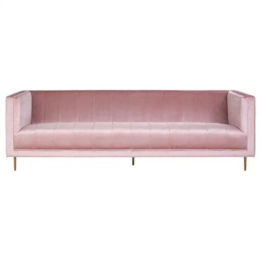 Art Deco Blush Pink Velvet And Gold Metal 3 Seater Sofa