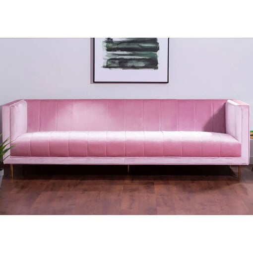 Art Deco Blush Pink Velvet And Gold Metal 3 Seater Sofa