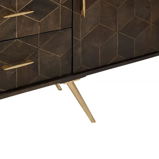 Art Deco Boho Dark Brown Mango Wood And Gold Brass Metal Sideboard