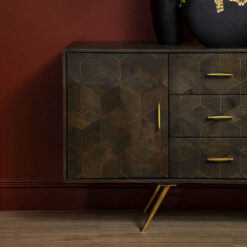 Art Deco Boho Dark Brown Mango Wood And Gold Brass Metal Sideboard