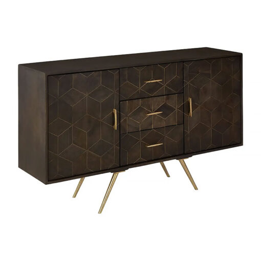 Art Deco Boho Dark Brown Mango Wood And Gold Brass Metal Sideboard