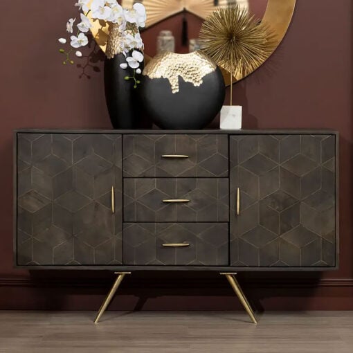 Art Deco Boho Dark Brown Mango Wood And Gold Brass Metal Sideboard