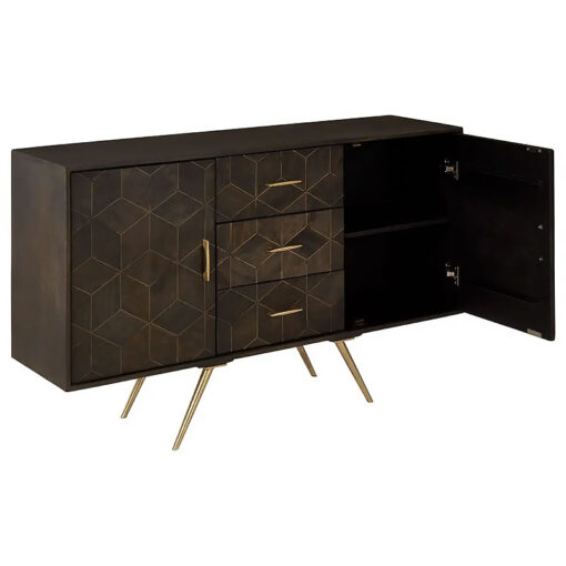 Art Deco Boho Dark Brown Mango Wood And Gold Brass Metal Sideboard