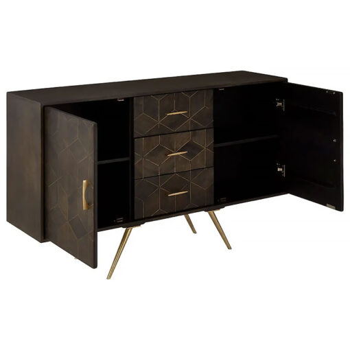 Art Deco Boho Dark Brown Mango Wood And Gold Brass Metal Sideboard