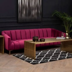 Art Deco Boho Red Velvet 3 Seater Tufted Sofa With Gold Metal Legs