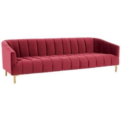 Art Deco Boho Red Velvet 3 Seater Tufted Sofa With Gold Metal Legs