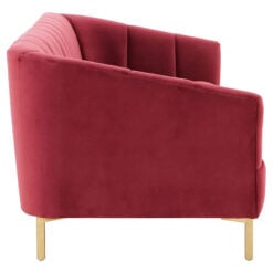 Art Deco Boho Red Velvet 3 Seater Tufted Sofa With Gold Metal Legs