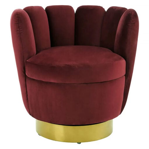 Art Deco Boho Shell Scalloped Red Velvet And Gold Metal Armchair Cocktail Accent Chair