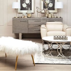 Art Deco Boho White Faux Fur Sheepskin And Gold Metal Bedroom Bench