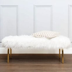 Art Deco Boho White Faux Fur Sheepskin And Gold Metal Bedroom Bench
