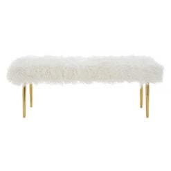 Art Deco Boho White Faux Fur Sheepskin And Gold Metal Bedroom Bench