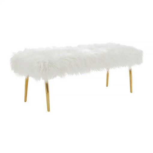 Art Deco Boho White Faux Fur Sheepskin And Gold Metal Bedroom Bench