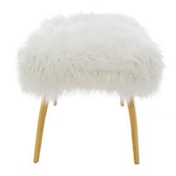 Art Deco Boho White Faux Fur Sheepskin And Gold Metal Bedroom Bench