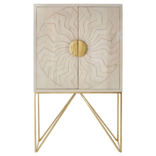 Art Deco Boho Whitewash Mango Wood And Gold Brass Metal Sideboard Cabinet