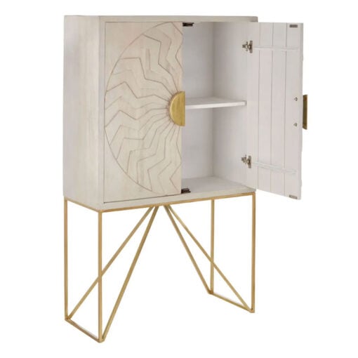 Art Deco Boho Whitewash Mango Wood And Gold Brass Metal Sideboard Cabinet