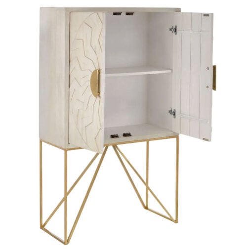 Art Deco Boho Whitewash Mango Wood And Gold Brass Metal Sideboard Cabinet