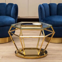 Art Deco Clear Glass And Gold Metal Diamond Coffee Table Side Table 80cm