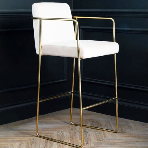 Art Deco Cream Mink Velvet And Gold Metal Bar Stool With Backrest