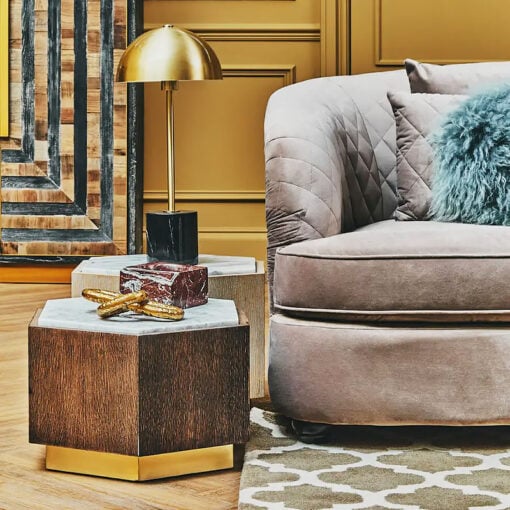 Art Deco Dark Oak Wood And White Marble Side Table With Gold Metal Base