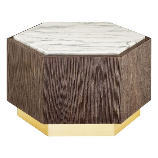 Art Deco Dark Oak Wood And White Marble Side Table With Gold Metal Base