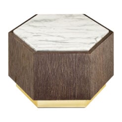 Art Deco Dark Oak Wood And White Marble Side Table With Gold Metal Base