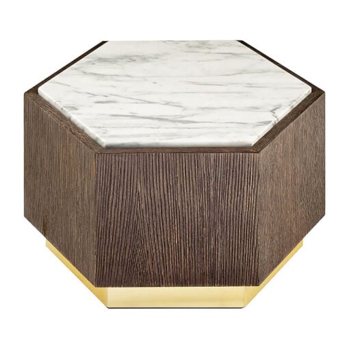 Art Deco Dark Oak Wood And White Marble Side Table With Gold Metal Base