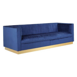 Art Deco Deep Blue Velvet And Gold Metal 3 Seater Tufted Sofa