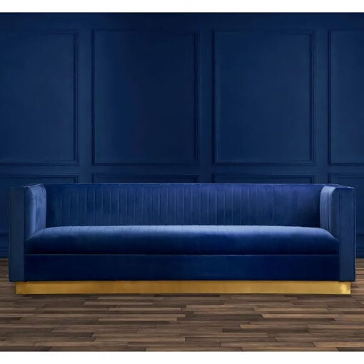 Art Deco Deep Blue Velvet And Gold Metal 3 Seater Tufted Sofa