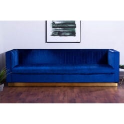 Art Deco Deep Blue Velvet And Gold Metal 3 Seater Tufted Sofa