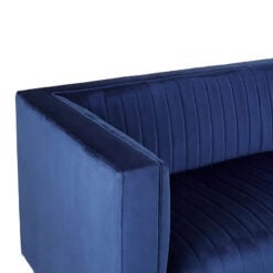 Art Deco Deep Blue Velvet And Gold Metal 3 Seater Tufted Sofa